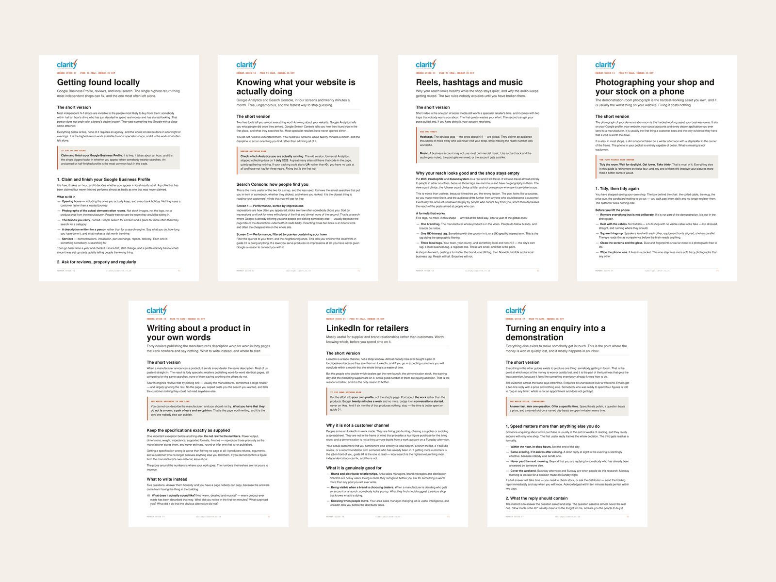 The covers of Clarity's seven free guides